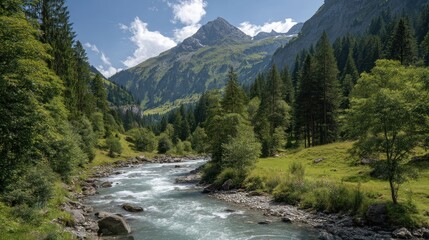 Serene alpine river winding through lush valley