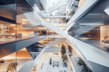 Futuristic Abstract Interior Design with Geometric Walkways and Glass Panels

