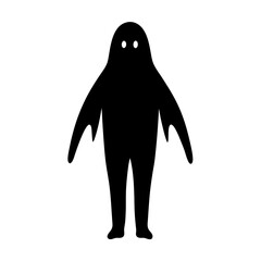 Mysterious monochrome figure with glowing eyes standing on a white background