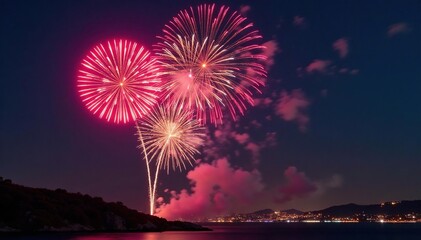 Vibrant fireworks explode in a night sky, celebrating a triumphant victory , fun, background
