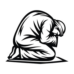 Kneeling Muslim Man Silhouette with Kufi on Prayer Rug Black and White Icon Design