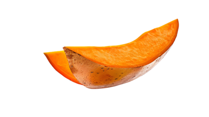 Two slices of vibrant orange mango fruit stacked on top of each other against a transparent background
