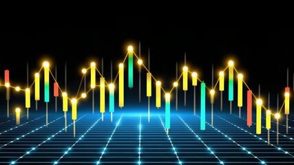 Colorful financial chart with glowing candlestick and line graph futuristic grid background showing dynamic market trend data analysis vibrant digital style and digital stock market chart with - Powered by Adobe