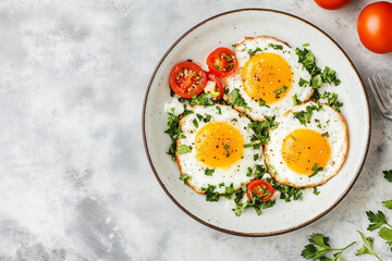 Fried Sunny Side Up Eggs with Cherry Tomatoes and Fresh Herbs