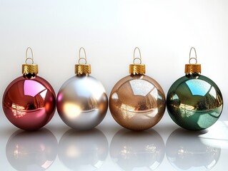 Four shiny Christmas baubles in red, silver, bronze, and green colors arranged in a row with golden tops reflecting light on a white reflective surface