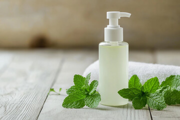 White Lotion Pump Bottle with Fresh Mint Leaves on Wooden Surface