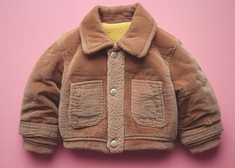 brown corduroy toddler jacket with sherpa lining displayed on pink background