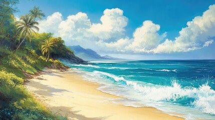 Tropical beach scene with palm trees, ocean waves, and blue sky.