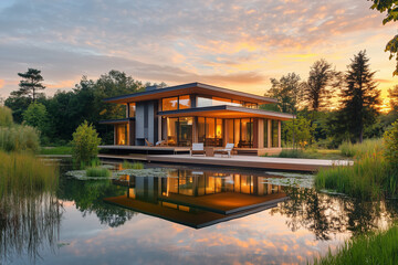 Contemporary Lake House with Deck and Golden Hour Sky