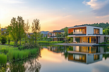 Modern Villas by the Water with Sunset Reflections