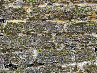 Background of old vintage brick wall, real photo. A closeup shot of a weathered mossy brick wall. Texture, brick, wall, it can be used as a background. Brick texture with scratches and cracks