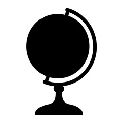 A sleek black and white icon of a globe on a stand