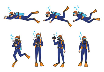 Set of cartoon scuba divers in various poses: swimming, exploring, photographing, and observing underwater life. Colorful and playful diving illustration collection