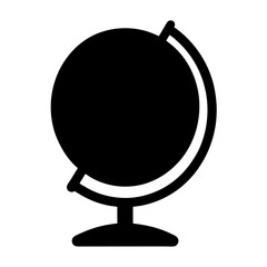 A black silhouette of a globe on a stand against white backdrop
