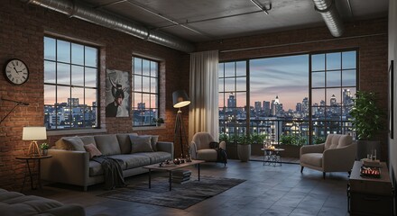 Living Room Interior with Skyline View