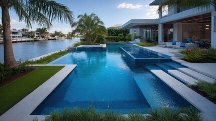 Modern waterfront pool with multiple levels