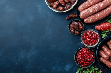 Assorted culinary ingredients arranged on a dark blue background