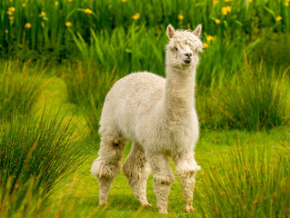 Creamy colour alpaca standing in the meadow surrounded by hills and trees. Freely grazing animal enjoying the weather and looking around. Alpacas are known for animal-assisted therapy or pet therapy