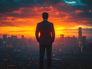 Fototapeta premium A silhouetted businessman stands against a vibrant city skyline at sunset