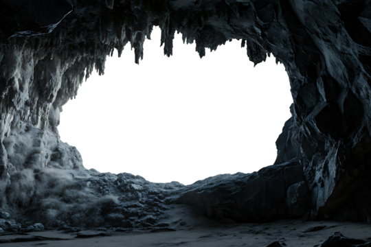 Dramatic cave entrance with detailed rock formations illuminated by ambient light.