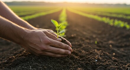 Hands planting seedling in soil