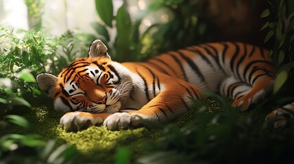 A cozy tiger lounging on a cushion with gentle shadows