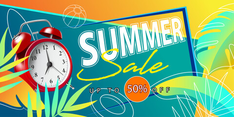 up to 50% off.summer vacation special offer,discount and promotion sale banner.realistic alarm clock,tropical leaves paper cut art and holiday sport objects icons decorative business background.