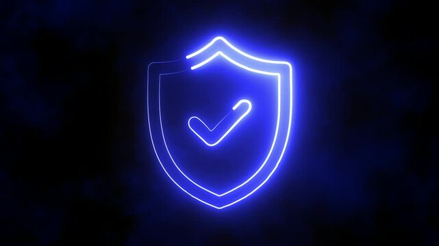 A glowing blue neon shield icon with a checkmark, symbolizing security and protection.