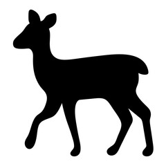 Elegant black silhouette of a walking deer against a plain white background