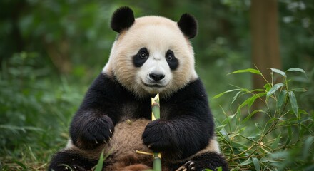 Panda eating bamboo in forest
