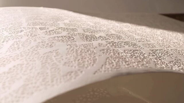 Close-up shot of intricate, filigree-style paper cutout pattern with repeating motifs on seamless background