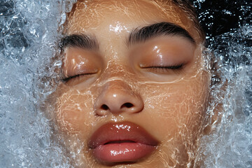A person relaxes underwater, eyes closed, as water ripples over their face, creating a serene and peaceful ambiance in a tranquil setting