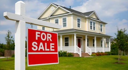 Fototapeta premium House for Sale: Classic Suburban Home with Prominent Red Real Estate Sign in Green Front Yard - Property Market Investment 2025