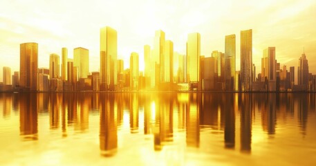 Fototapeta premium Golden Light and Reflections Flow Through Futuristic Cityscapes, Blending Realism and Abstraction to Evoke Innovation and Urban Energy.