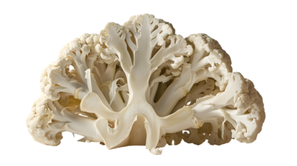 Close up view of a cut cauliflower showing the internal structure on a transparent background space for text