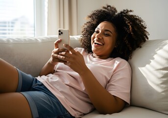 Woman relaxing on couch using mobile phone