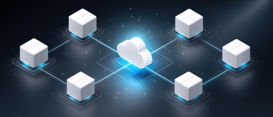 A cloud in the center connects to multiple cubes, symbolizing cloud computing and data network integration.