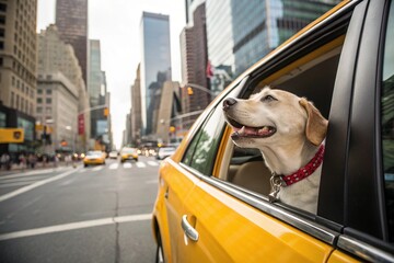Happy Dog Looking Out of Yellow Taxi Cab Window