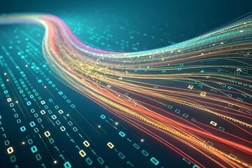 Hyperrealistic Flowing Data Stream with Glowing Digital Code on Deep Teal Background