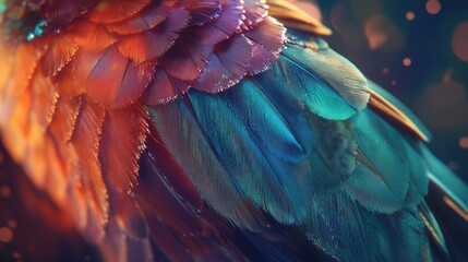 Obraz premium Close-up vibrant bird feathers, orange, teal, purple hues.