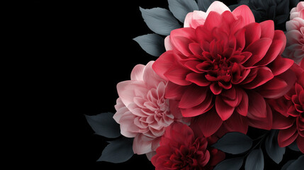 A luxurious floral arrangement showcases vibrant red and light pink dahlia blooms with elegant gray leaves against a sleek black background, creating a bold statement.