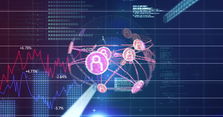 Image of globe of connections over data processing on black background