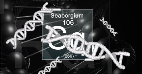 Image of elements over dna and number on black background