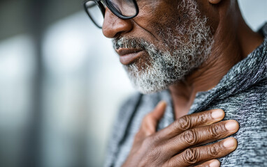 Older man with gray beard and glasses holding his chest in pain, showing concern and discomfort in close up view