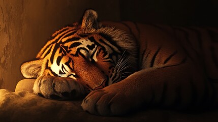 A minimalist tiger resting in a cozy, peaceful forest