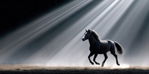 Black horse running in spotlight with dust and dramatic light rays creating powerful and dynamic scene