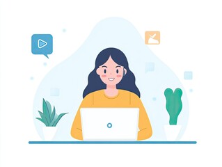 A cheerful young woman working on a laptop in a bright, modern workspace, surrounded by green plants and digital icons, illustrating remote work and productivity