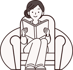 Woman Reading Book in Cozy Chair Line Art Illustration. Young woman reading book sitting in cozy  armchair isolated vector illustration.