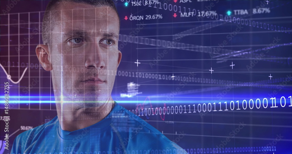 Poster image of data processing and binary coding over caucasian male rugby player