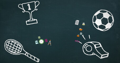 Chalkboard sports drawings featuring trophy, ball, racket, whistle in class, with digital icons